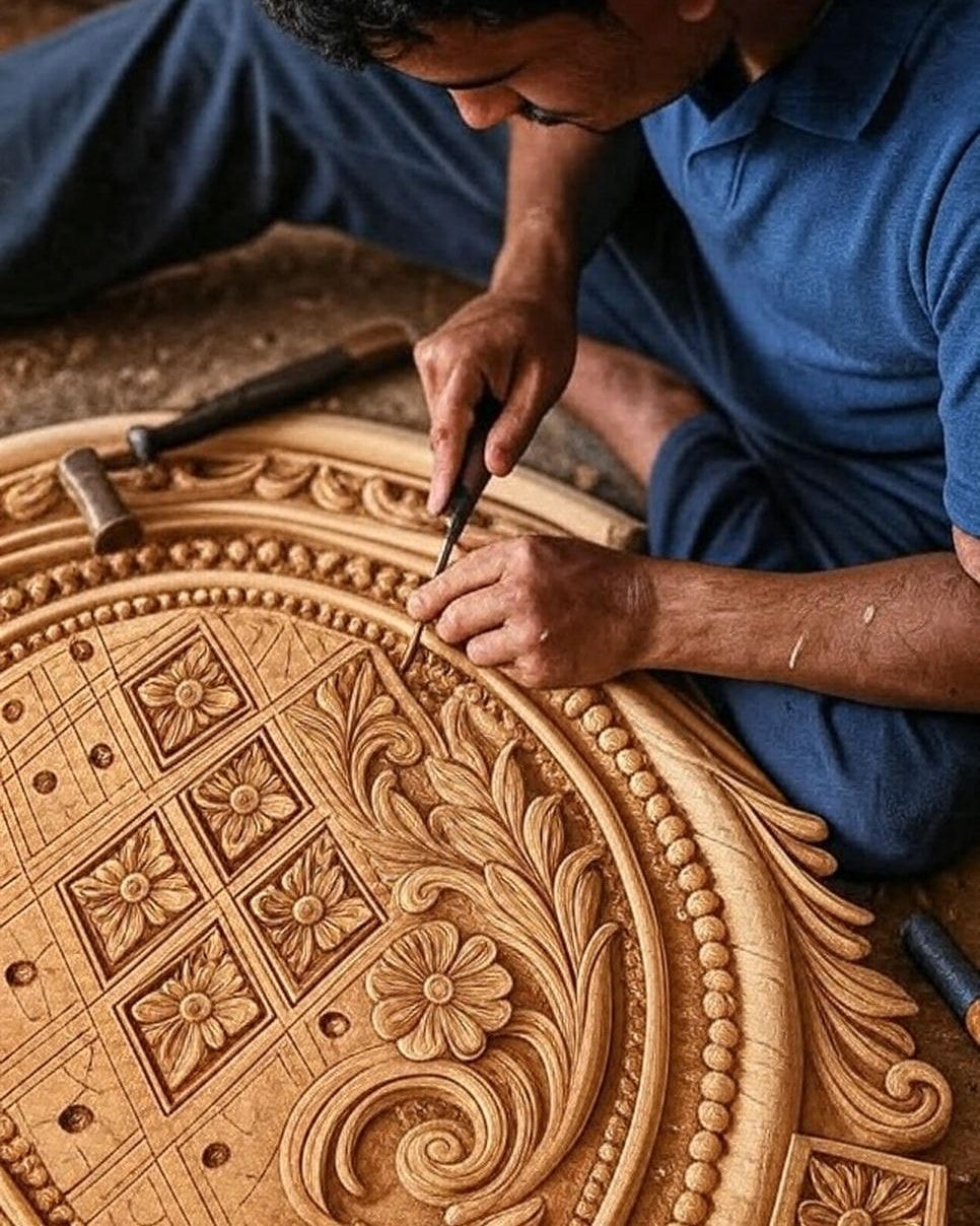 Artisan hand-carving a floral wooden medallion